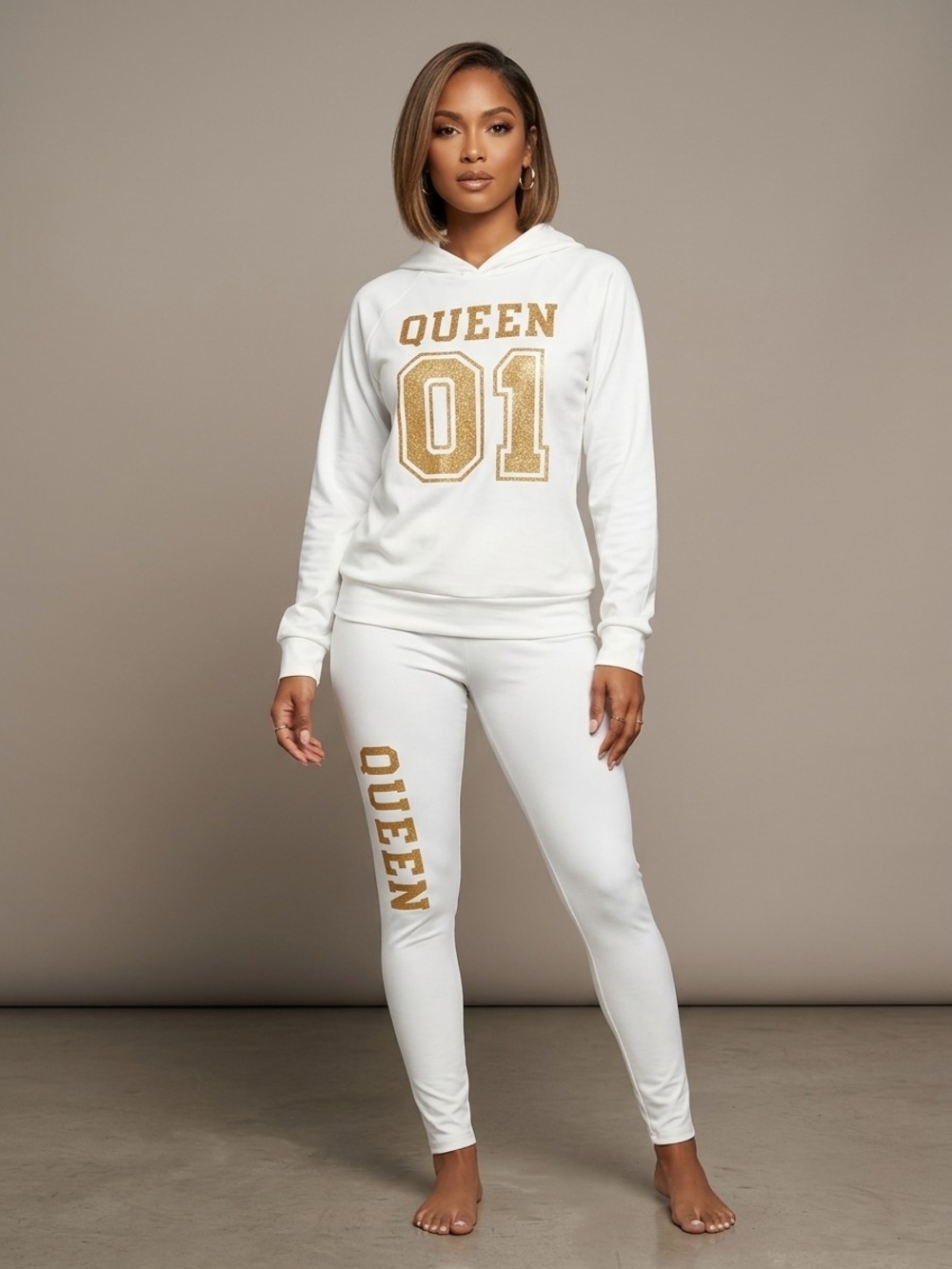 NWOT Women's White & Gold Glam Hoodie Long Sleeves Leggings Lounge Set Medium